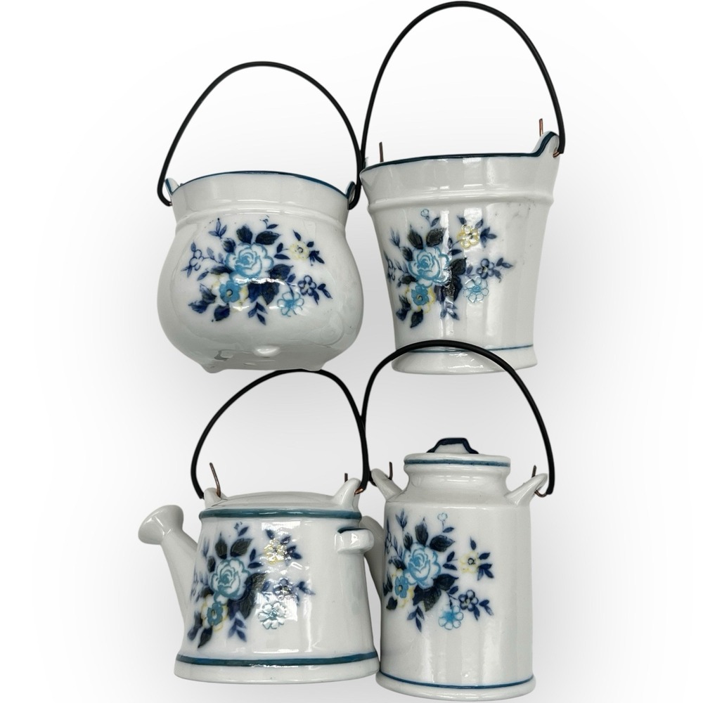 Vtg Porcelain Blue White Floral Set  4-Watering Milk Can Pot Wire Taiwan Doll‎